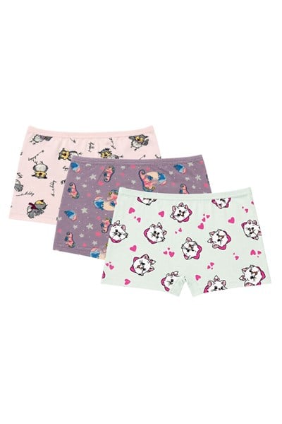 Likralı Kız Çocuk Desenli Boxer 3lü Paket