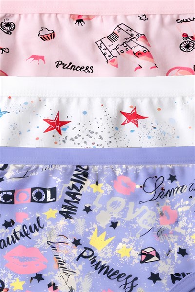 Likralı Kız Çocuk Desenli Külot 3lü Paket