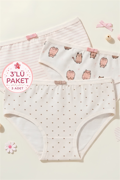 Likralı Kız Çocuk Külot Kedi Desenli 3lü Paket