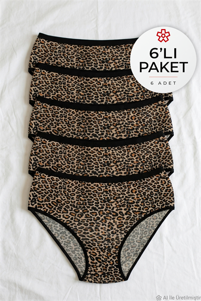 Likralı Leopar Desen Bato Kadın Yüksek Bel Külot 6lı Paket