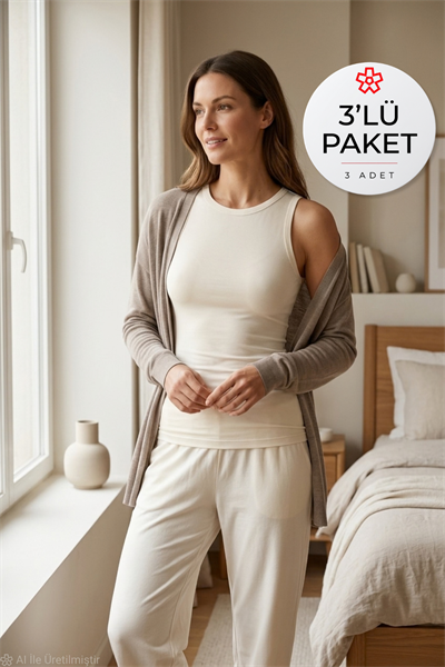 Likralı Sıfır Kol Kadın Atlet Ekru 3lü Paket