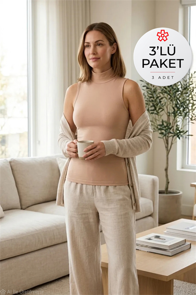 Likralı Sıfır Kol Yarım Balıkçı Yaka Kadın Atlet Ten 3lü Paket