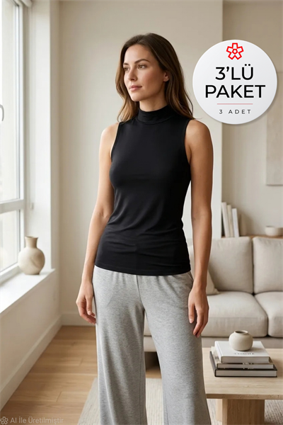 Likralı Sıfır Kol Yarım Balıkçı Yaka Kadın Atlet Siyah 3lü Paket