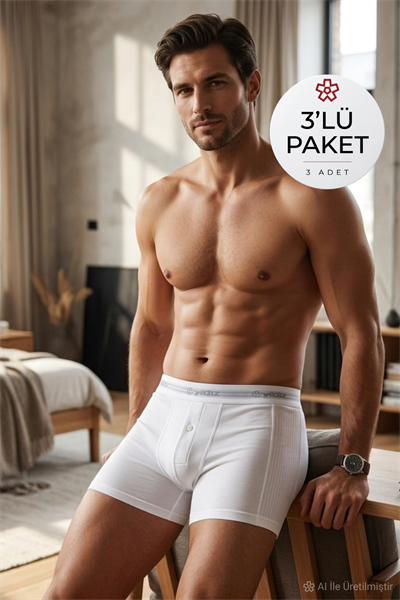 Likralı Uzun Erkek Boxer Beyaz 3lü Paket