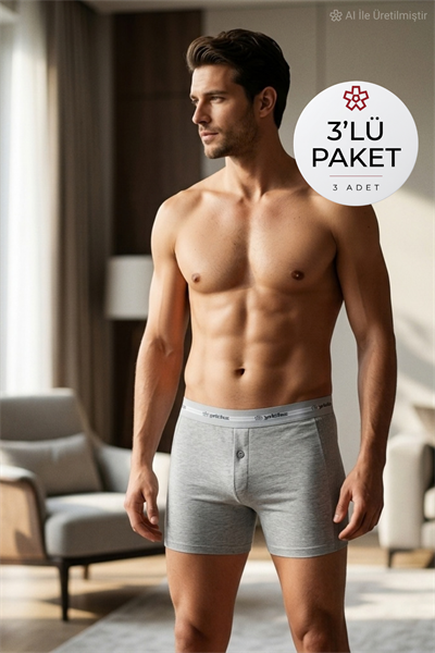 Likralı Uzun Erkek Boxer Gri 3lü Paket