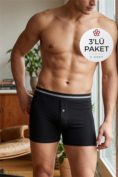 Likralı Uzun Erkek Boxer Siyah 3'lü Paket
