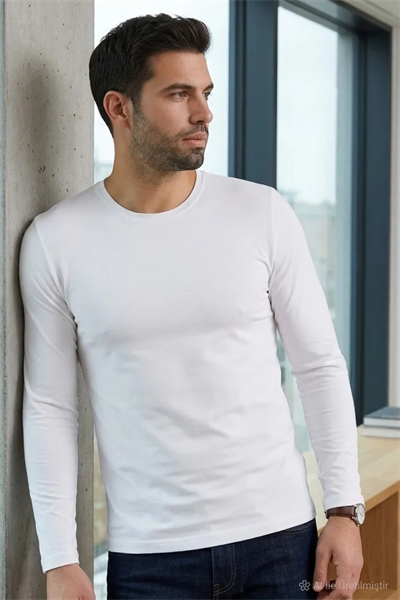 Likralı Uzun Kol Erkek T-Shirt Beyaz