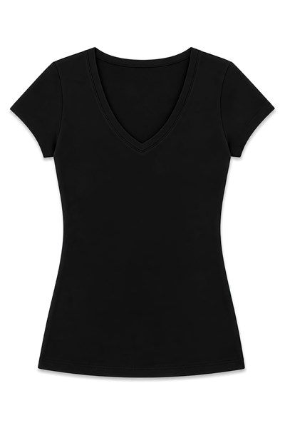 Likralı V Yaka Kısa Kol Kadın T-Shirt Siyah