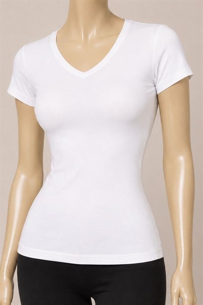 Likralı V Yaka Kısa Kol Kadın T-Shirt Beyaz