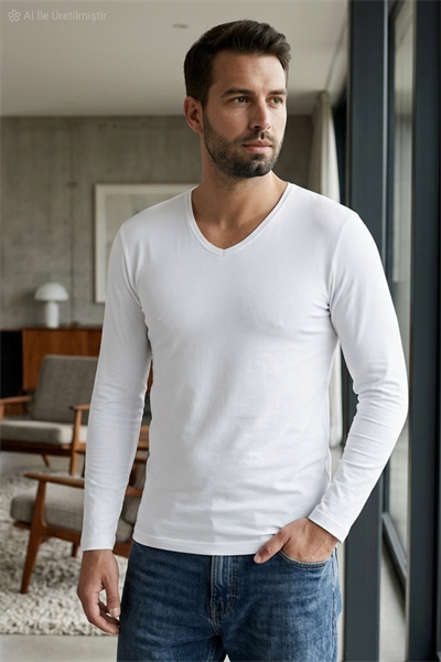 Likralı V Yaka Uzun Kol Erkek T-Shirt Beyaz