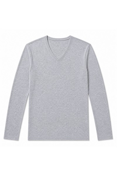 Likralı V Yaka Uzun Kol Erkek T-Shirt Gri