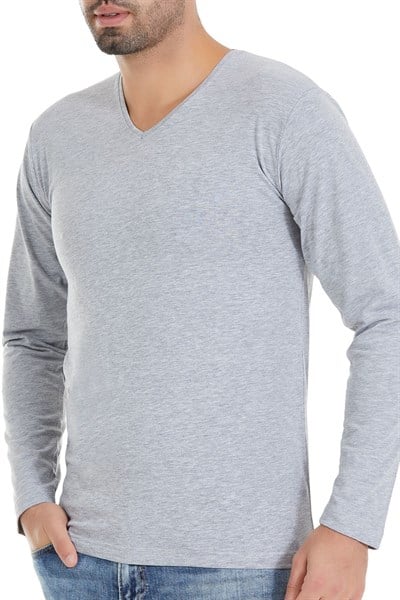 Likralı V Yaka Uzun Kol Erkek T-Shirt Gri