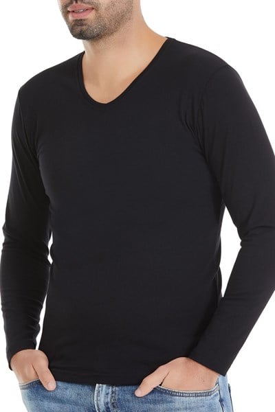 Likralı V Yaka Uzun Kol Erkek T-Shirt Siyah