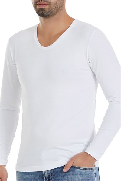 Likralı V Yaka Uzun Kol Erkek T-Shirt Beyaz