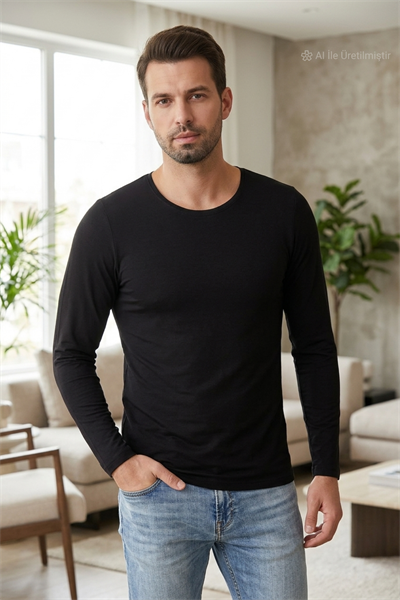 Modal Bisiklet Yaka Uzun Kol Erkek T-Shirt Siyah