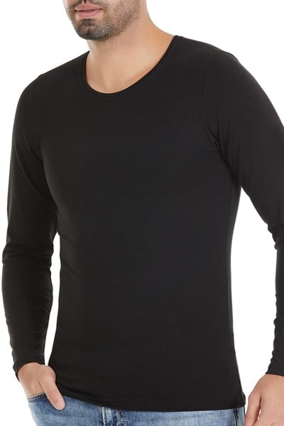 Modal Bisiklet Yaka Uzun Kol Erkek T-Shirt Siyah