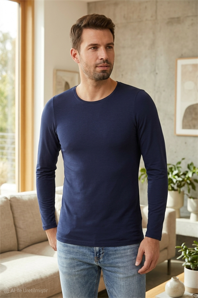 Modal Bisiklet Yaka Uzun Kol Erkek T-Shirt Lacivert