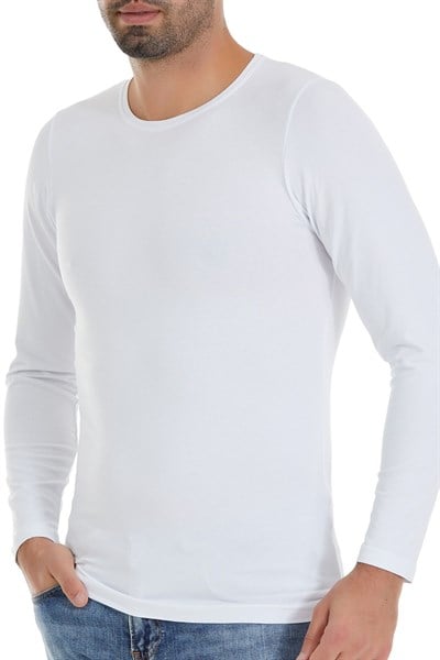 Modal Bisiklet Yaka Uzun Kol Erkek T-Shirt Beyaz