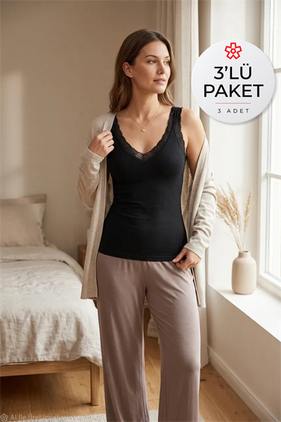 Modal Dantelli V Yaka Kadın Atlet Siyah 3lü Paket