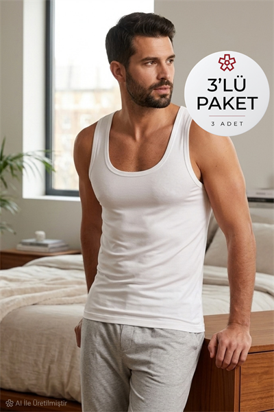 Modal Derin Yaka Erkek Atlet Beyaz 3lü Paket