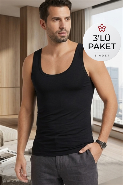 Modal Derin Yaka Erkek Atlet Siyah 3lü Paket