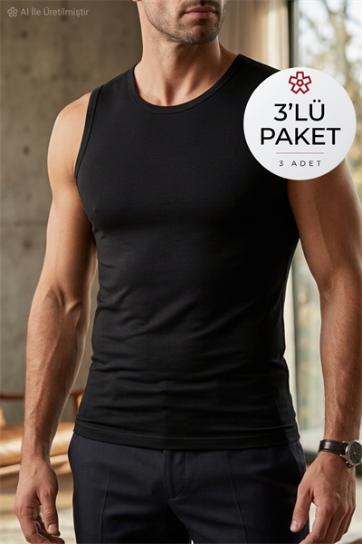Modal Sıfır Kol Erkek Atlet Siyah 3lü Paket