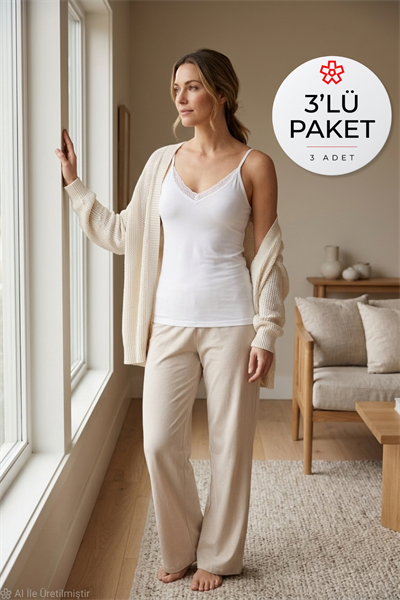 Modal V Yaka Dantelli Kadın Atlet Beyaz 3lü Paket