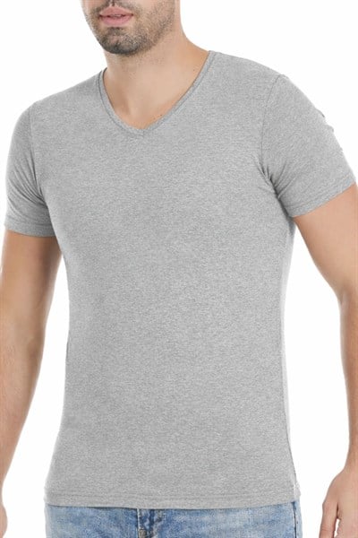 Modal V Yaka Erkek T-Shirt Gri Melanj
