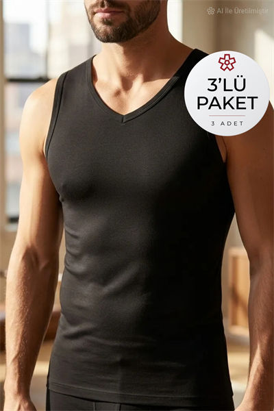 Modal V Yaka Sıfır Kol Erkek Atlet Siyah 3lü Paket