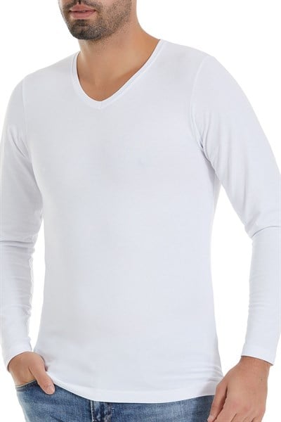 Modal V Yaka Uzun Kol Erkek T-Shirt Beyaz