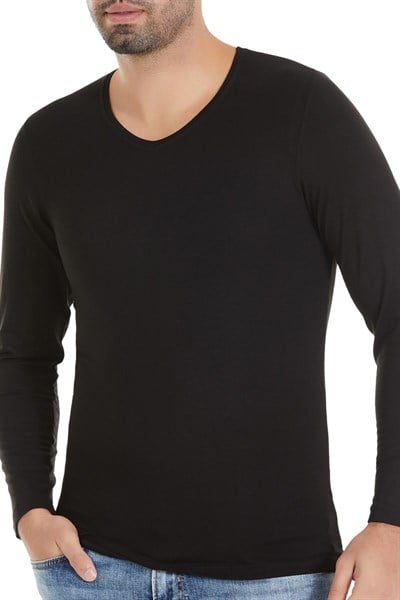 Modal V Yaka Uzun Kol Erkek T-Shirt Siyah