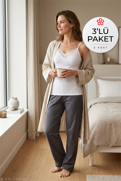 Ribana Güpürlü İp Askılı Kadın Atlet Beyaz %100 Pamuk 3'lü Paket