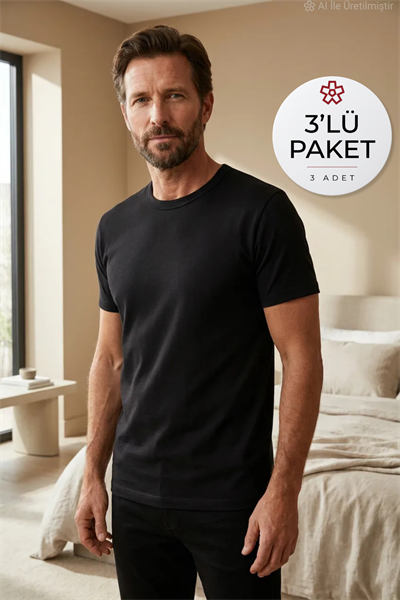 Ribana Kapalı Yaka Erkek Fanila Siyah %100 Pamuk 3lü Paket