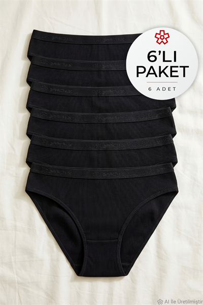 Ribana Kemerli Bikini Kadın Külot Siyah %100 Pamuk 6lı Paket