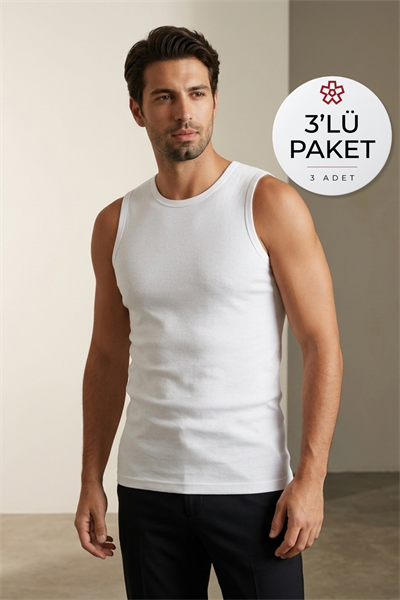 Ribana Sıfır Kol Erkek Atlet Beyaz %100 Pamuk 3lü Paket
