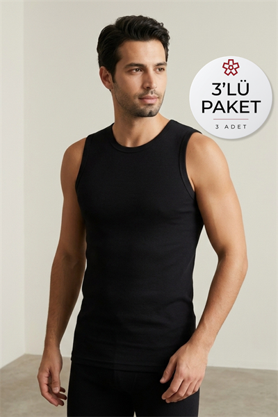 Ribana Sıfır Kol Erkek Atlet Siyah %100 Pamuk 3lü Paket
