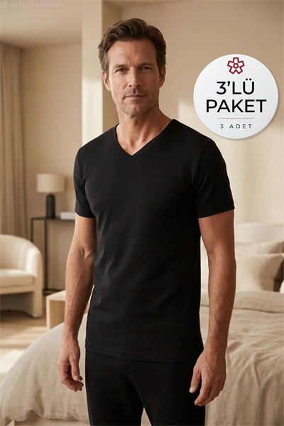 Ribana V Yaka Erkek Fanila Siyah %100 Pamuk 3lü Paket