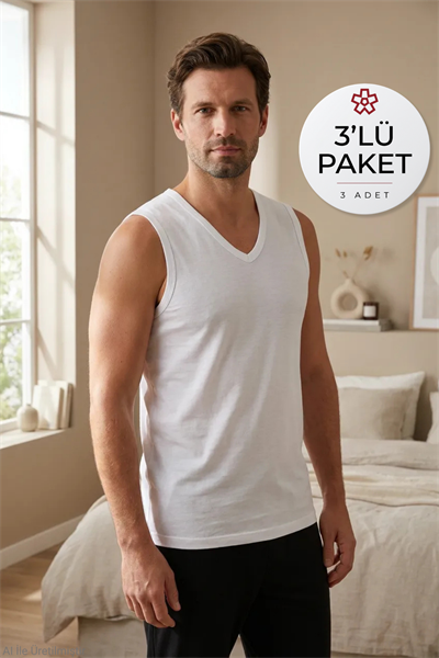 Süper İnce V Yaka Sıfır Kol Erkek Atlet Beyaz 3lü Paket