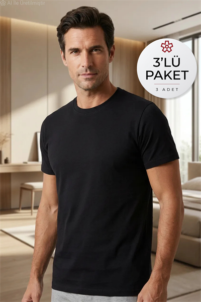 Süprem Kapalı Yaka Siyah Erkek Fanila %100 Pamuk 3lü Paket