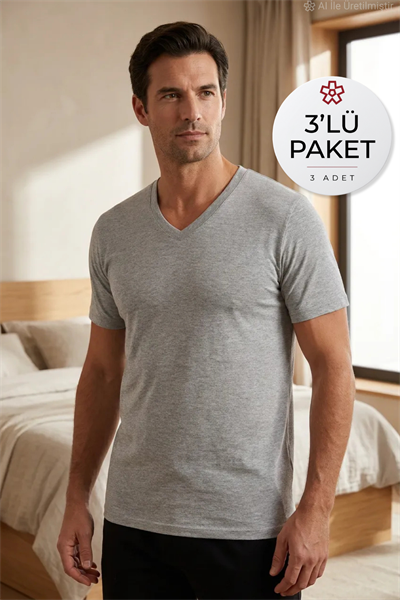 Süprem V Yaka Erkek Fanila Gri %100 Pamuk 3lü Paket