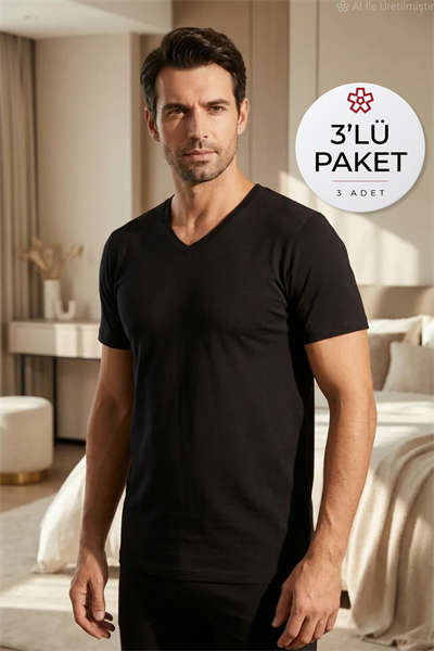 Süprem V Yaka Erkek Fanila Siyah %100 Pamuk 3lü Paket