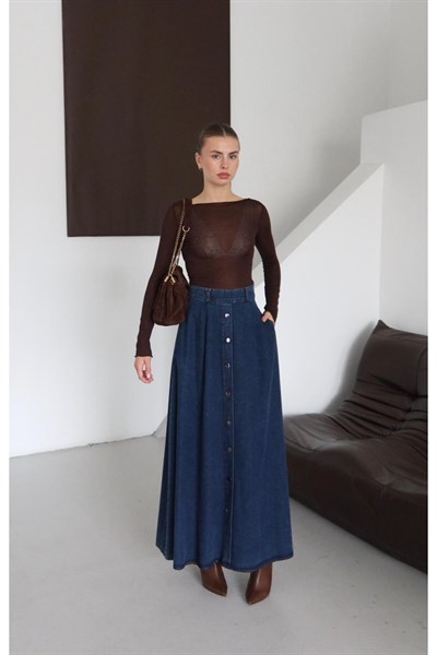 Yüksek Bel Cepli ve Düğmeli Denim Kot Etek