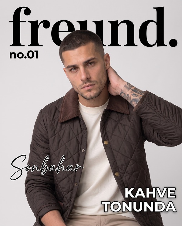 freund. Dergi, Sayı 01 kapağı: Sonbahar — kahve tonunda. Kapitone ceketli model.