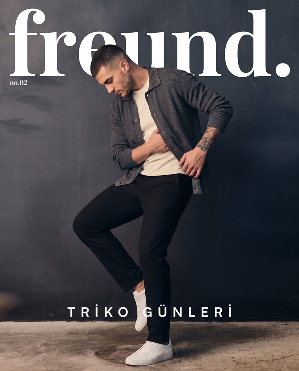 freund. Dergi, Sayı 02 kapağı: Triko günleri. Antrasit triko gömlek ceketli model.