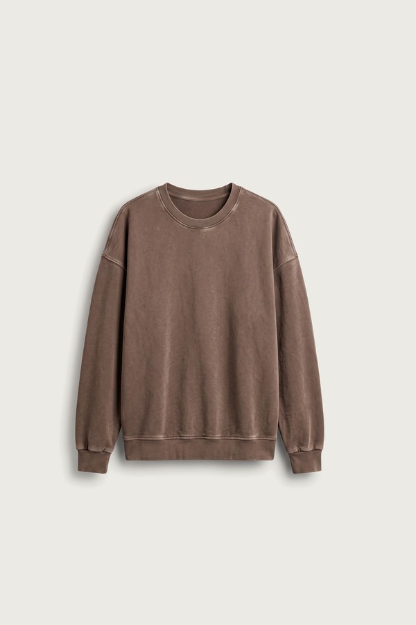 Kahve yıkamalı bisiklet yaka sweatshirt
