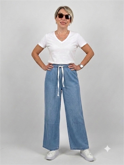 Beli Lastikli Bağcıklı Tensel Kot Pantolon - Açık Mavi