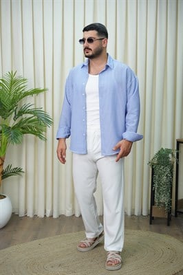 Buggy Pileli Pantolon Beyaz,Çizgili Gömlek Mavi
