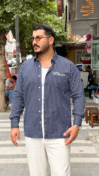 Çizgili Yazı Detaylı Gömlek Lacivert