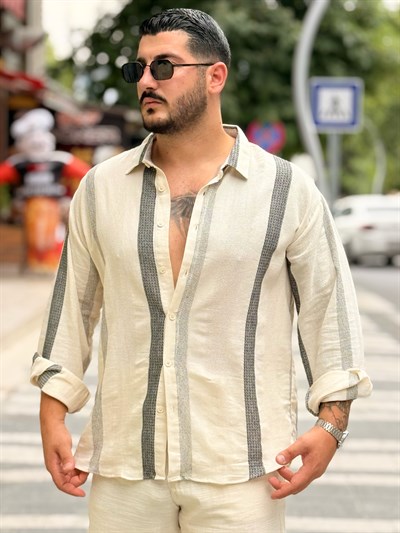 Hasır Şerit Detaylı Keten Gömlek Krem