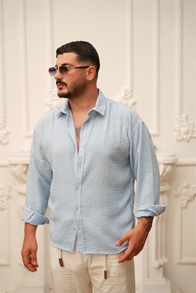 Oversize Keten Gömlek Buz Mavisi